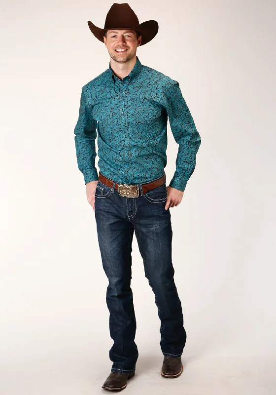 Men’s lightweight popover shirt-Roper Mens Blue 100% Cotton Agave Paisley BD L/S Btn Shirt