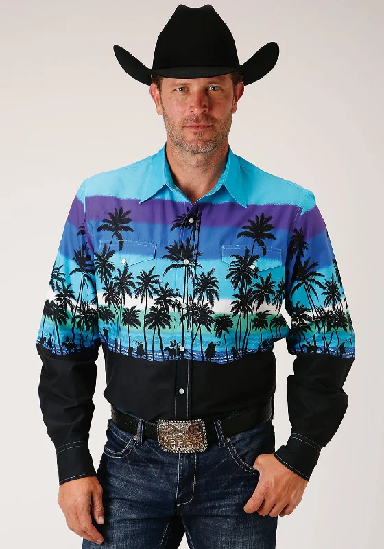 Men’s bright camp shirt-Roper Mens Blue 100% Cotton Beach Roundup L/S Snap Shirt