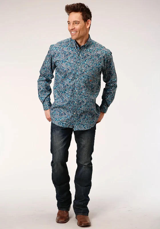 Men’s casual houndstooth shirt-Roper Mens Blue 100% Cotton Canyon Paisley BD L/S 1 Pkt Shirt