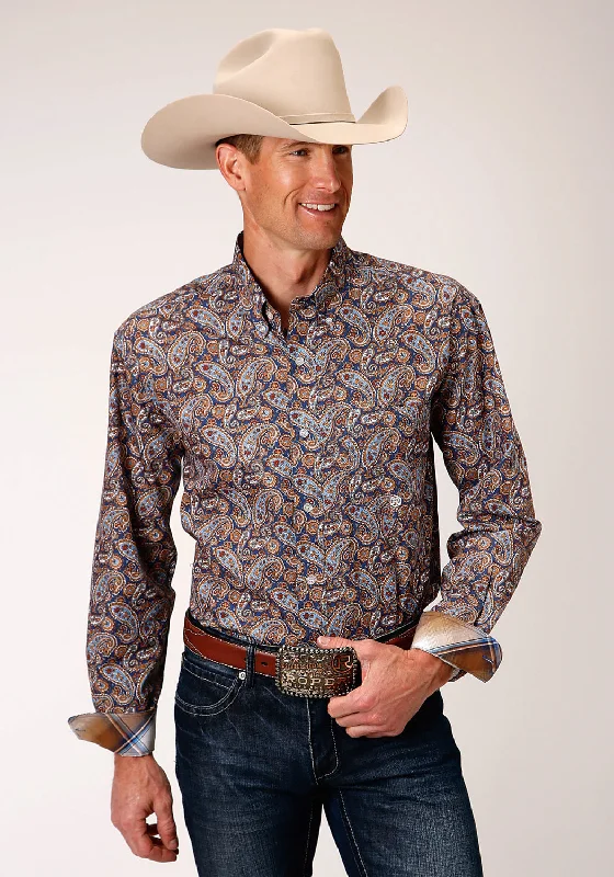 Men’s slim sateen shirt-Roper Mens Blue 100% Cotton Country Paisley BD L/S 1 Pkt Shirt