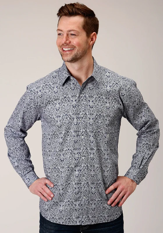 Men’s soft madras shirt-Roper Mens Blue 100% Cotton Crystal Medallion BD L/S 1 Pkt Shirt