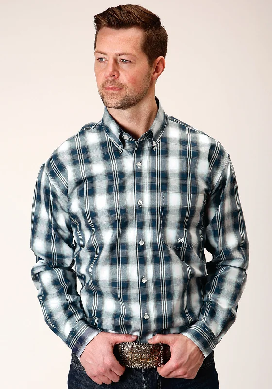 Men’s durable jacquard shirt-Roper Mens Blue 100% Cotton West Plaid BD L/S 1 Pkt Shirt