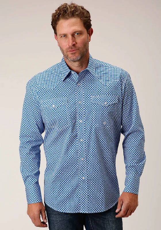 Men’s bold voile shirt-Roper Mens Blue Cotton Blend Diamond Star Geo L/S Shirt