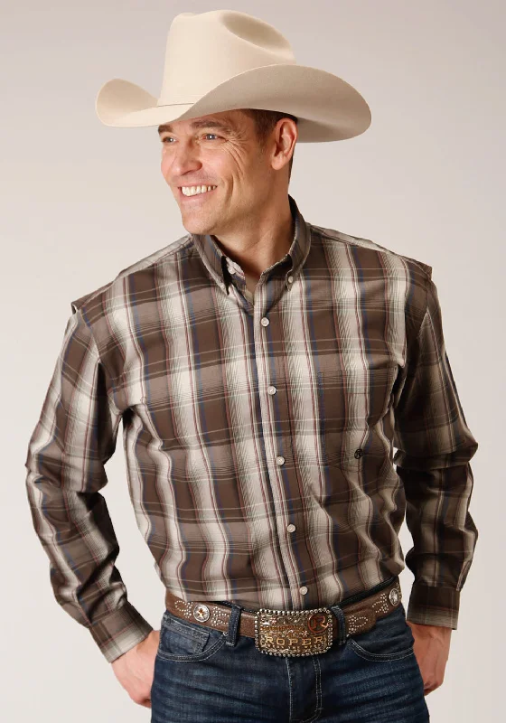 Men’s lightweight chamois shirt-Roper Mens Brown 100% Cotton Pinewood Plaid BD L/S 1 Pkt Shirt