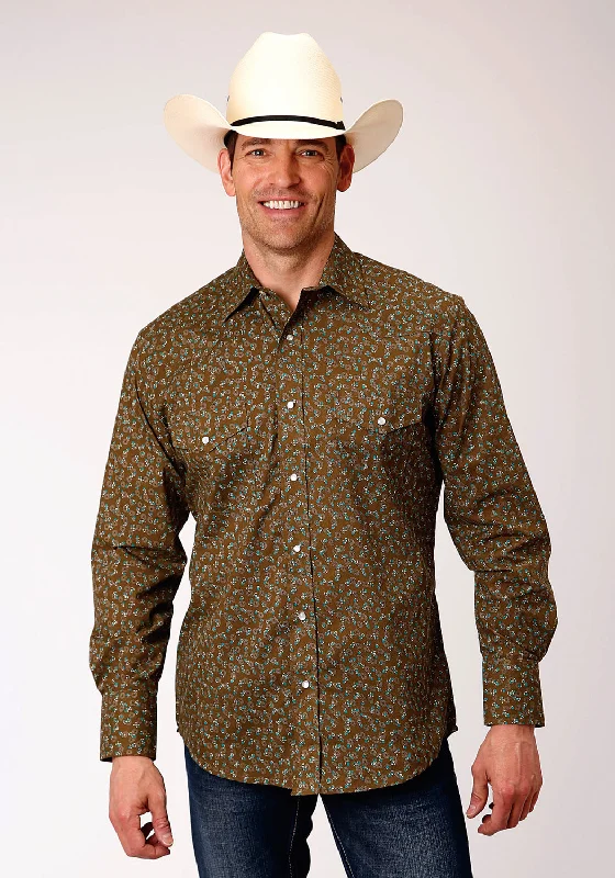 Men’s lightweight sateen shirt-Roper Mens Brown/Turquoise Cotton Blend Mini Floral L/S Shirt