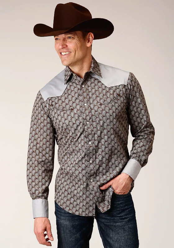 Men’s breathable tattersall shirt-Roper Mens Chocolate/Cream Cotton Blend Teardrop L/S Shirt