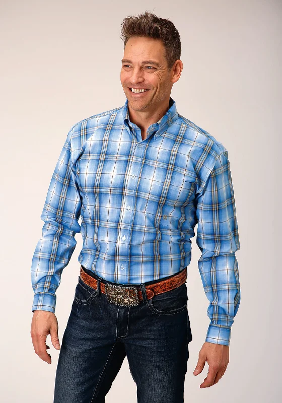 Men’s stylish chamois shirt-Roper Mens Cornflower Plaid Blue 100% Cotton L/S Shirt