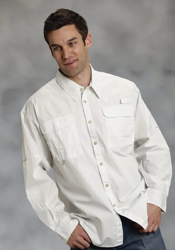 Men’s breathable tattersall shirt-Roper Mens Fishing Guide White 100% Cotton L/S Shirt