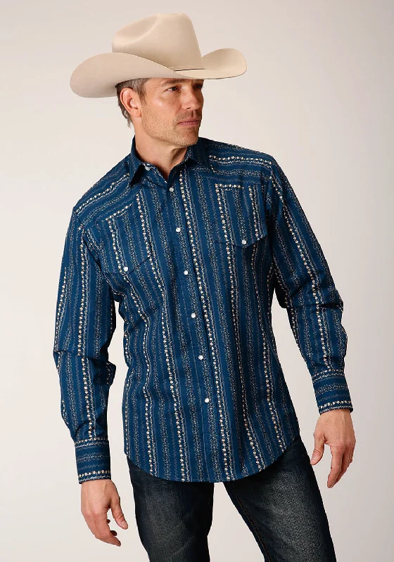 Men’s bold voile shirt-Roper Mens Floral Wallpaper Blue Cotton Blend L/S Shirt