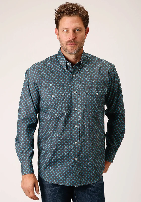 Men’s slim-fit houndstooth shirt-Roper Mens Grey 100% Cotton Cottage Foulard BD L/S Btn Shirt