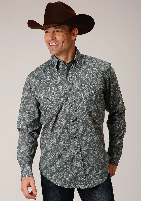 Men’s stylish tattersall shirt-Roper Mens Grey 100% Cotton Silver Vine L/S Snap Shirt