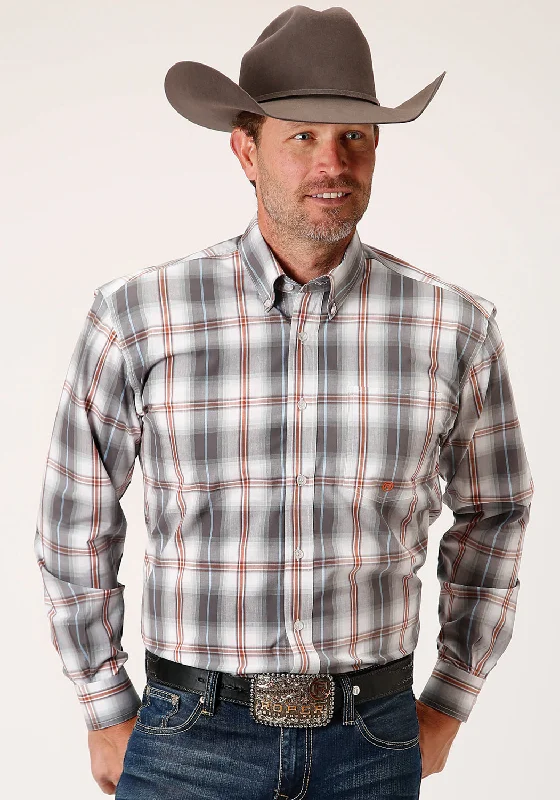 Men’s modern camp shirt-Roper Mens Grey 100% Cotton Smokey Plaid BD L/S 1 Pkt Shirt