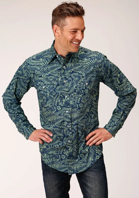 Men’s modern chamois shirt-Roper Mens Lucky Tropical Print Green 100% Cotton L/S Shirt