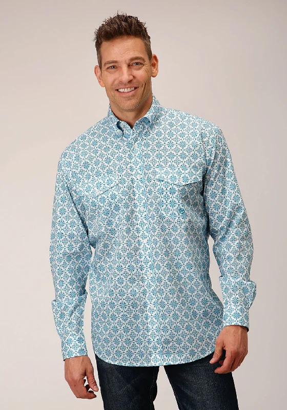 Men’s soft houndstooth shirt-Roper Mens Medallion Turquoise 100% Cotton L/S Shirt