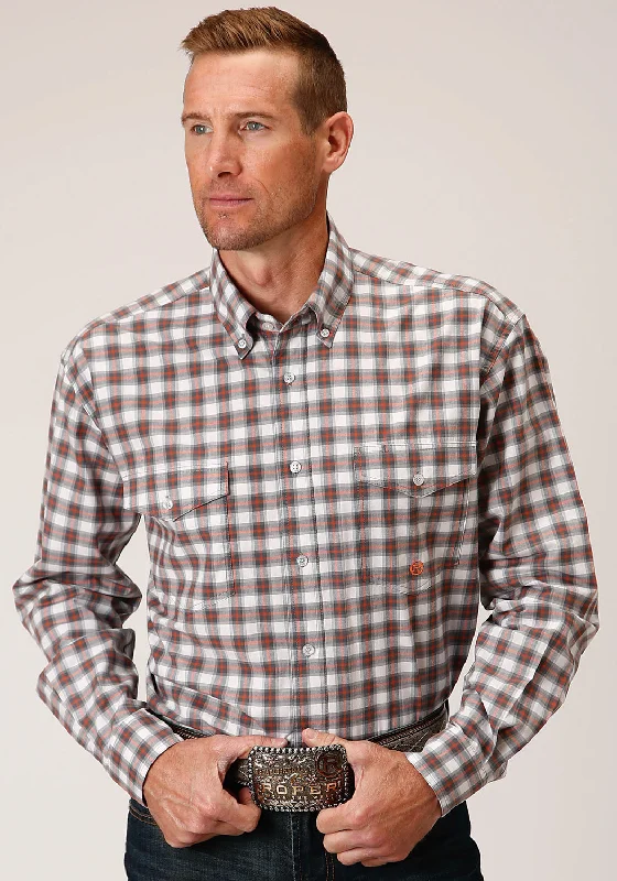 Men’s durable dobby shirt-Roper Mens New Stretch Check Grey Cotton Blend L/S Shirt