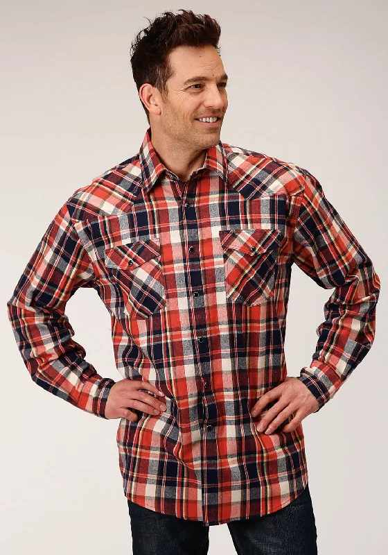 Men’s comfy sateen shirt-Roper Mens Orange/Navy 100% Cotton Unlined Flannel Plaid L/S Shirt