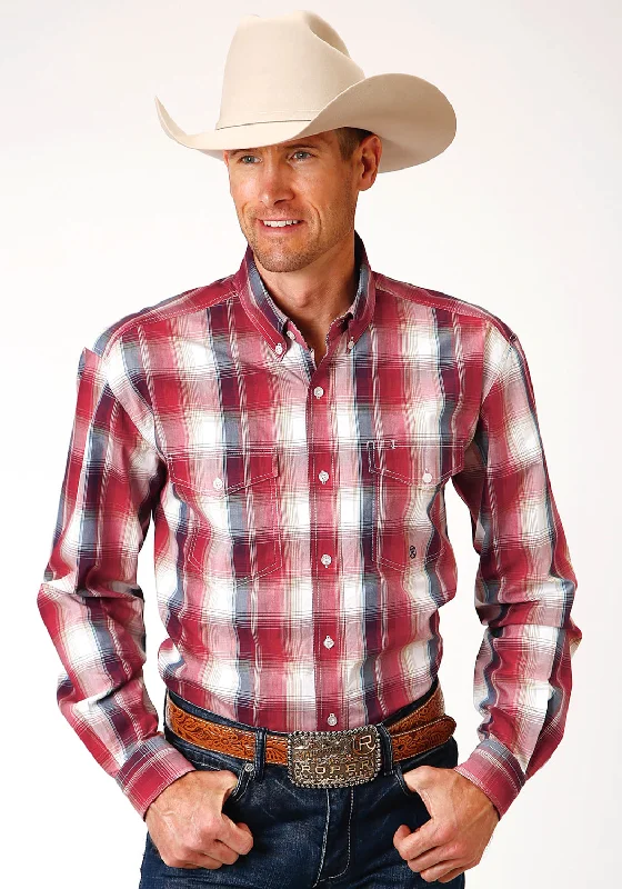 Men’s soft houndstooth shirt-Roper Mens Red 100% Cotton Apple Plaid BD L/S Button Shirt