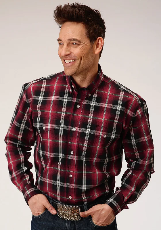 Men’s durable popover shirt-Roper Mens Red 100% Cotton Saddle Plaid BD L/S Button Shirt