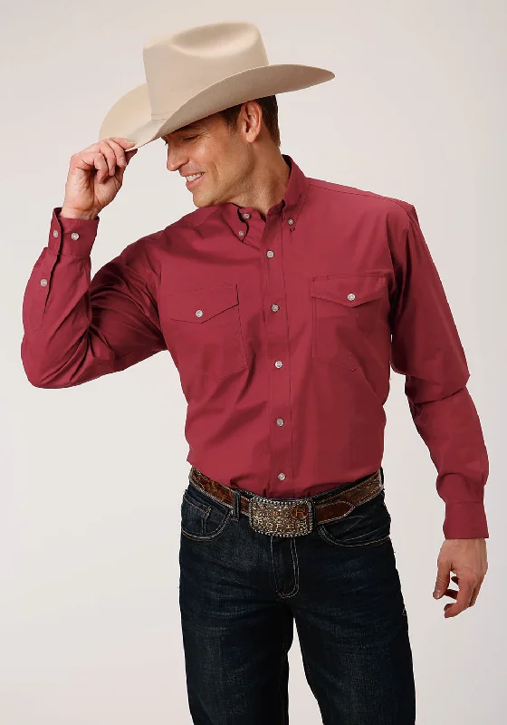 Men’s lightweight madras shirt-Roper Mens Red Cotton Blend Stretch Poplin BD L/S Btn Shirt