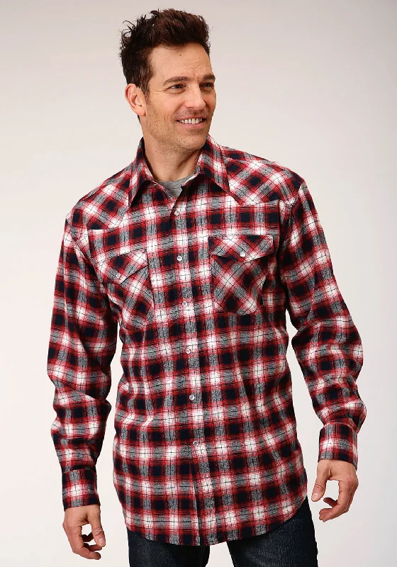 Men’s casual chamois shirt-Roper Mens Red/White 100% Cotton Unlined Flannel Plaid L/S Tall Shirt