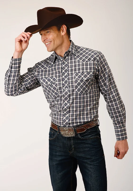 Men’s slim-fit voile shirt-Roper Mens Small Scale Plaid Navy/Cream Cotton Blend L/S Shirt