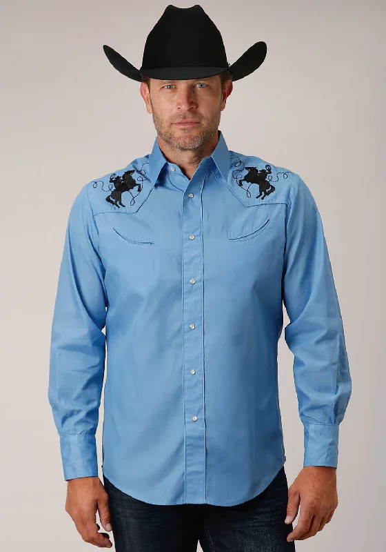 Men’s comfy microcheck shirt-Roper Mens Solid Broadcloth Heritage Blue Cotton Blend L/S Shirt