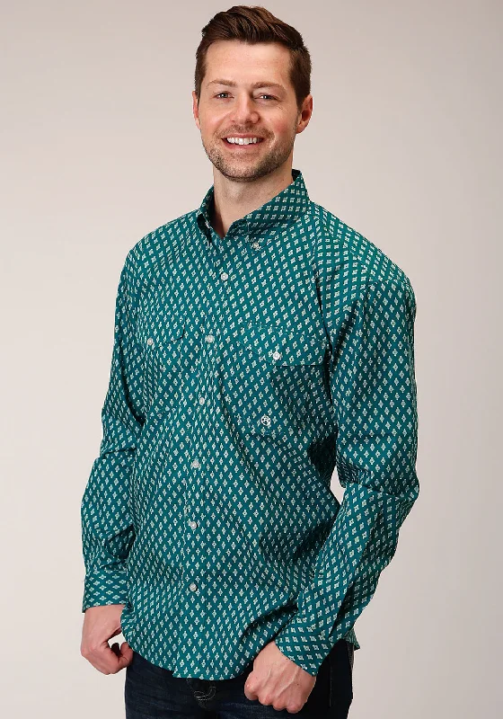 Men’s bright camp shirt-Roper Mens Teal 100% Cotton Point Diamonds BD L/S Btn Shirt