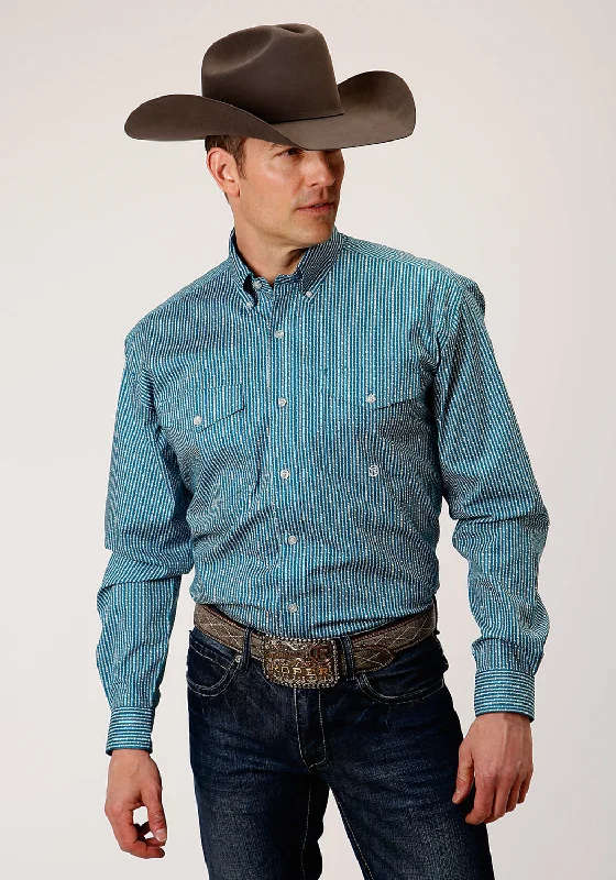 Men’s slim-fit tattersall shirt-Roper Mens Teal Cotton Blend Arrow Rope BD L/S Btn Shirt