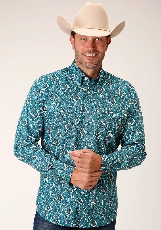 Men’s trendy oxford button-up-Roper Mens Turquoise 100% Cotton Upstream Paisley BD L/S Btn Shirt