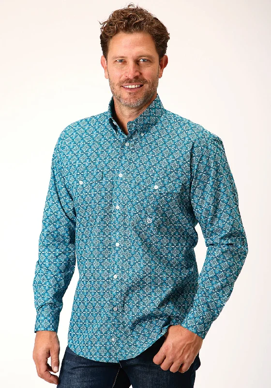 Men’s trendy dobby button-up-Roper Mens Turquoise 100% Cotton Victorian Foulard BD L/S Btn Shirt