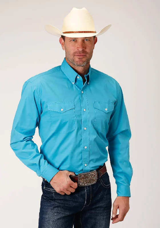 Men’s comfy dobby button-up-Roper Mens Turquoise Cotton Blend Stretch Poplin BD L/S Btn Shirt