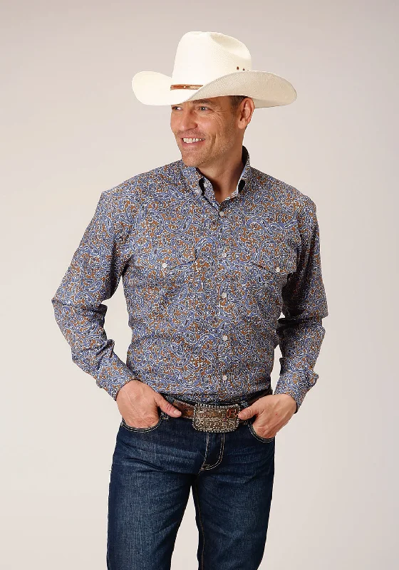 Men’s lightweight chamois shirt-Roper Mens Valley Paisley Brown 100% Cotton L/S Shirt