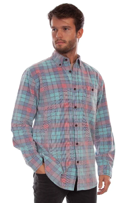 Men’s modern houndstooth shirt-Scully Mens Corduroy Plaid Blue 100% Cotton L/S Shirt