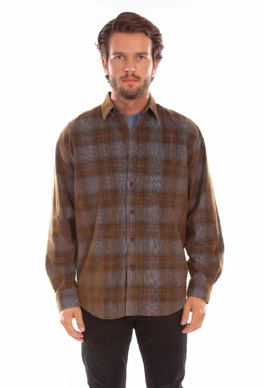 Men’s bold camp shirt-Scully Mens Corduroy Plaid Blue/Brown 100% Cotton L/S Shirt