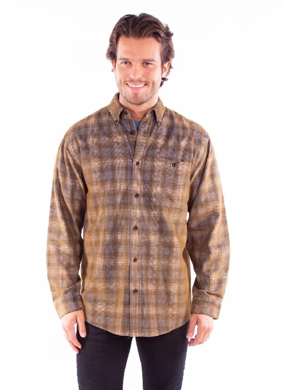 Men’s modern chamois shirt-Scully Mens Corduroy Plaid Blue/Brown 100% Cotton L/S Shirt