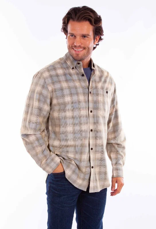 Men’s stylish microcheck shirt-Scully Mens Corduroy Plaid Blue/Tan 100% Cotton L/S Shirt