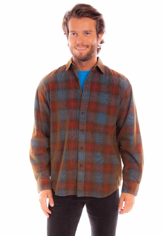 Men’s trendy microcheck shirt-Scully Mens Corduroy Plaid Red/Blue 100% Cotton L/S Shirt