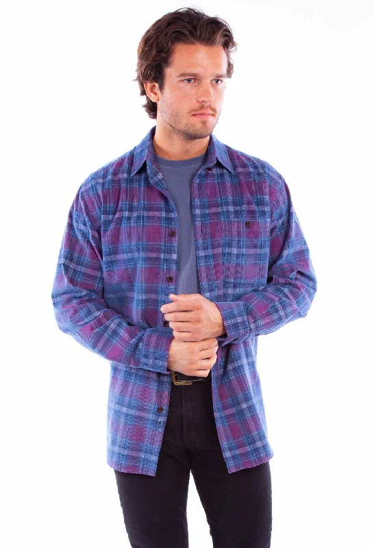 Men’s casual camp shirt-Scully Mens Corduroy Plaid Red/Blue 100% Cotton L/S Shirt