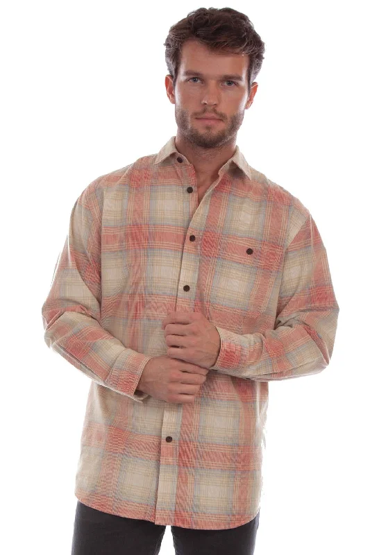 Men’s soft madras shirt-Scully Mens Corduroy Plaid Red/Tan 100% Cotton L/S Shirt