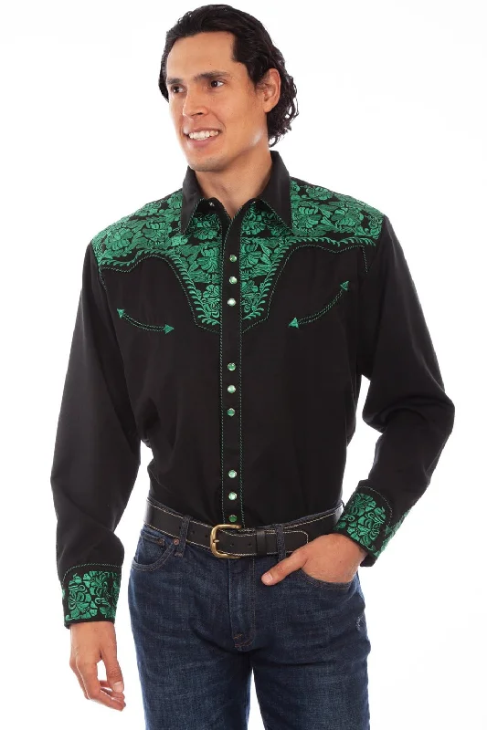 Men’s slim-fit voile shirt-Scully Mens Emerald Poly/Rayon Floral Tooled L/S Shirt XS