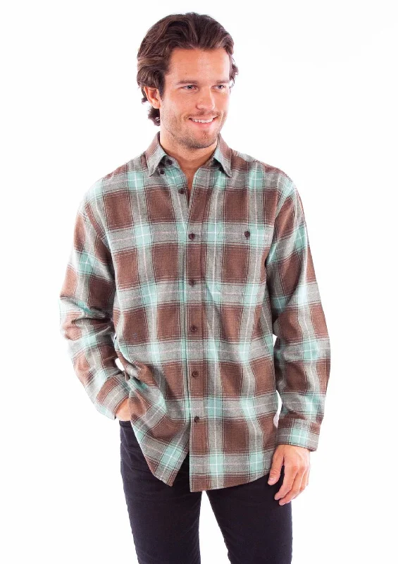 Men’s stylish jacquard shirt-Scully Mens Flannel Plaid Brown/Green 100% Cotton L/S Shirt