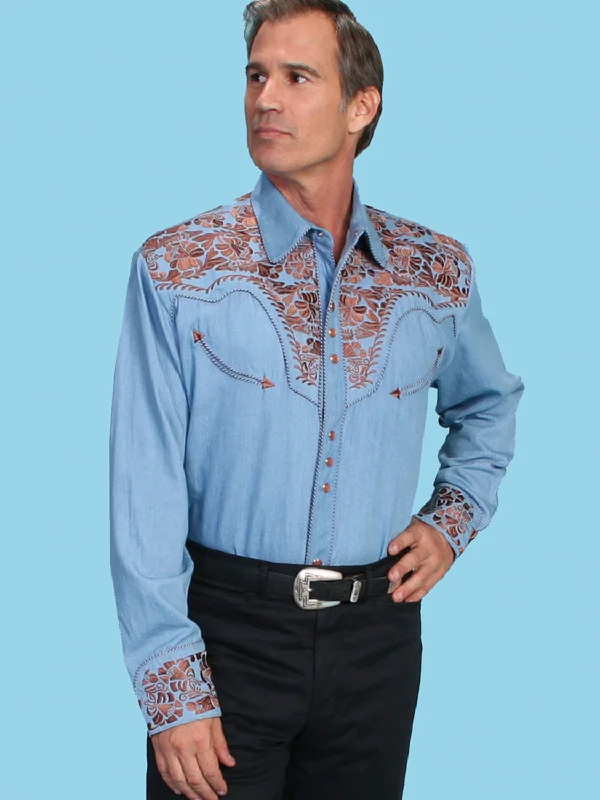 Men’s durable tattersall shirt-Scully Mens Floral Tooled Embroidery Light Blue Poly/Rayon L/S Shirt