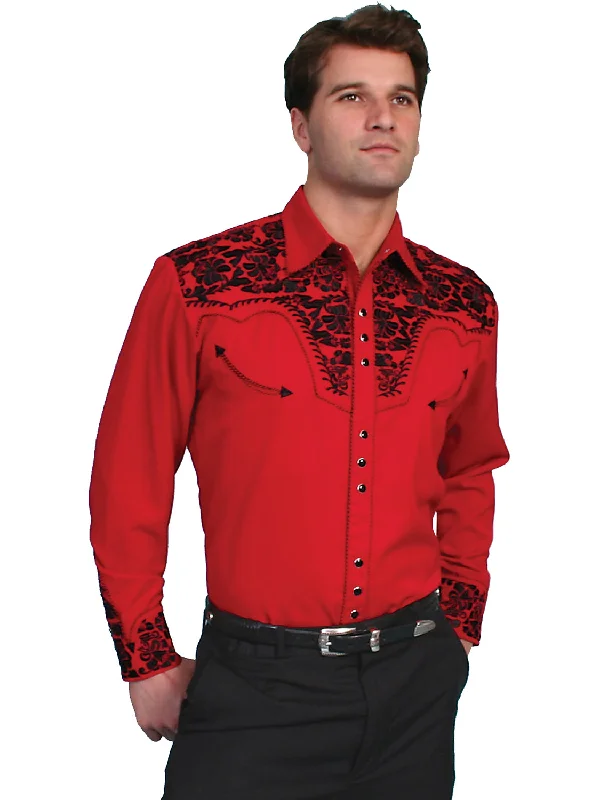 Men’s stylish oxford shirt-Scully Mens Floral Tooled Embroidery Red Poly/Rayon L/S Shirt