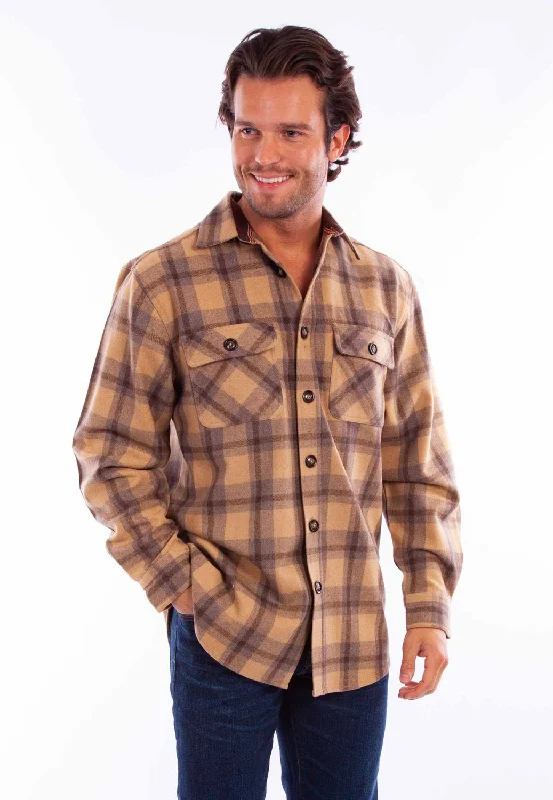 Men’s bright houndstooth shirt-Scully Mens Heavyweight Flannel Tan Wool Blend L/S Shirt