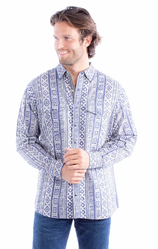 Men’s relaxed camp shirt-Scully Mens Kantha Signature Blue 100% Cotton L/S Shirt