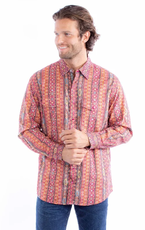 Men’s comfy madras shirt-Scully Mens Kantha Signature Burgundy 100% Cotton L/S Shirt