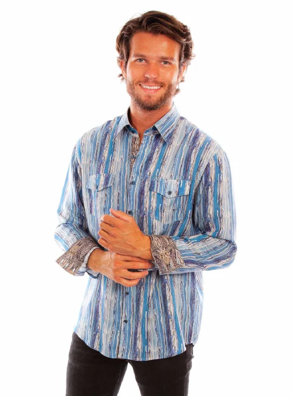 Men’s lightweight madras shirt-Scully Mens Signature Stripe Blue 100% Tencel L/S Shirt