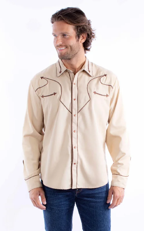 Men’s breathable oxford shirt-Scully Mens Vintage Piping Tan Poly/Rayon L/S Shirt