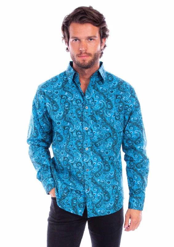 Men’s slim-fit oxford shirt-Scully Mens Worn Outs Paisley Aqua 100% Cotton L/S Shirt