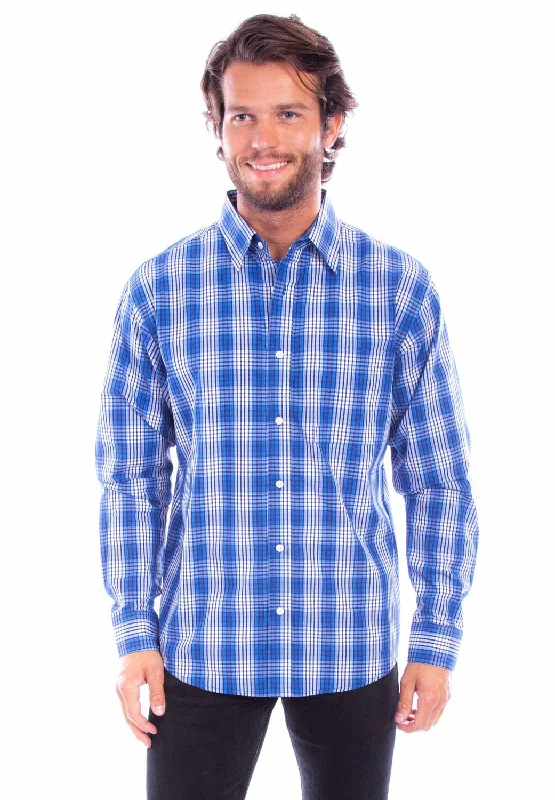 Men’s soft camp shirt-Scully Mens Worn Outs Plaid Blue 100% Cotton L/S Shirt